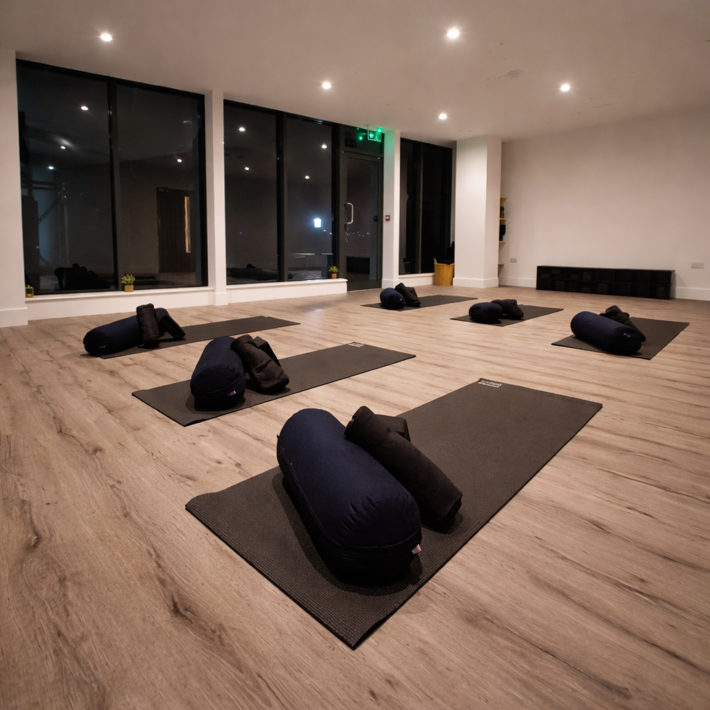 Spacious yoga studio with natural light and wooden floors